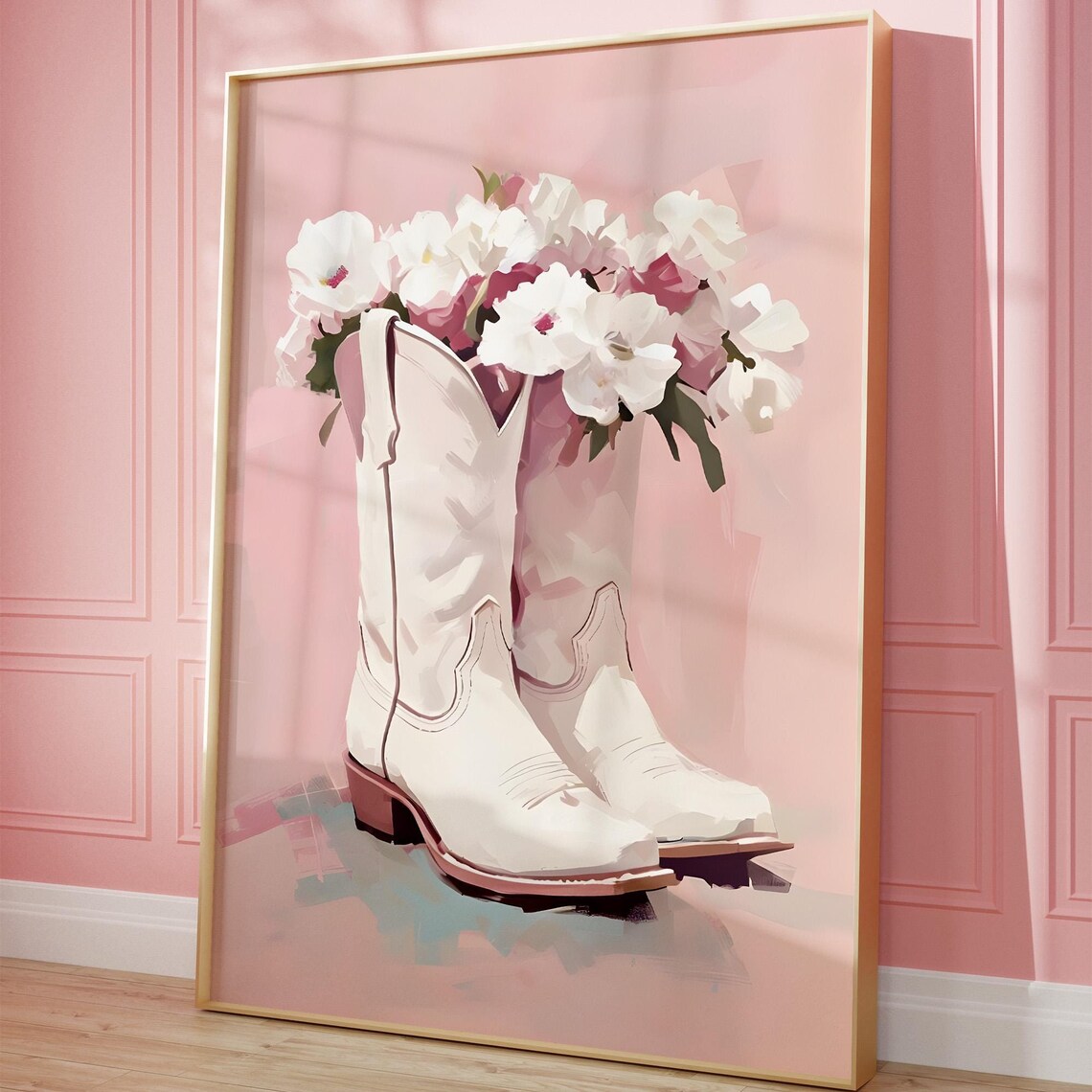White Cowgirl Boots with Flowers Pastel Pink Western Art Poster