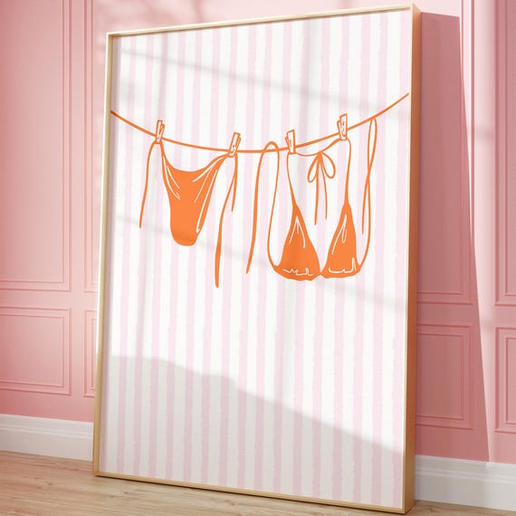 Orange Pink Bikini Clothesline Art Print, Coastal Dorm Decor