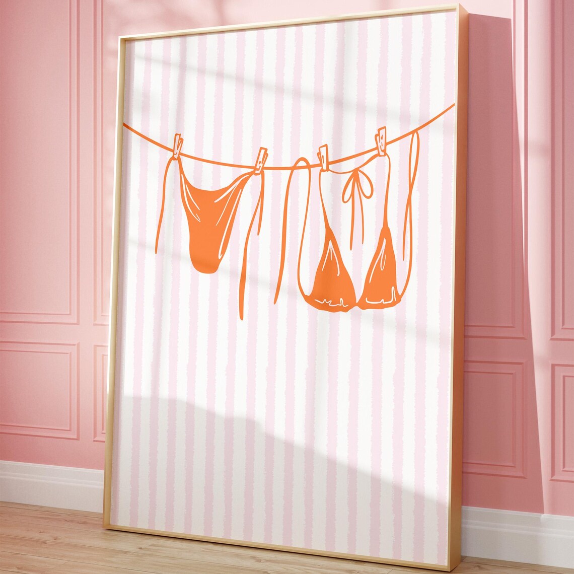 Orange Pink Bikini Clothesline Art Print, Coastal Dorm Decor