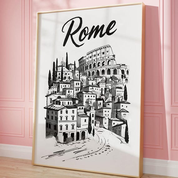 Rome Italy Colosseum Old Town Black And White Sketch Art Poster