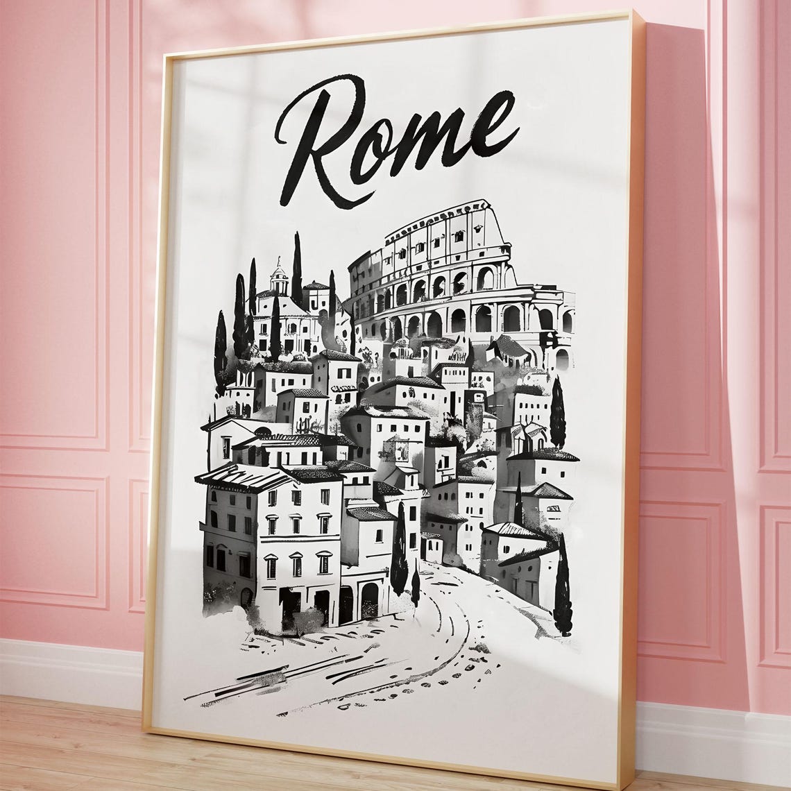 Rome Italy Colosseum Old Town Black And White Sketch Art Poster