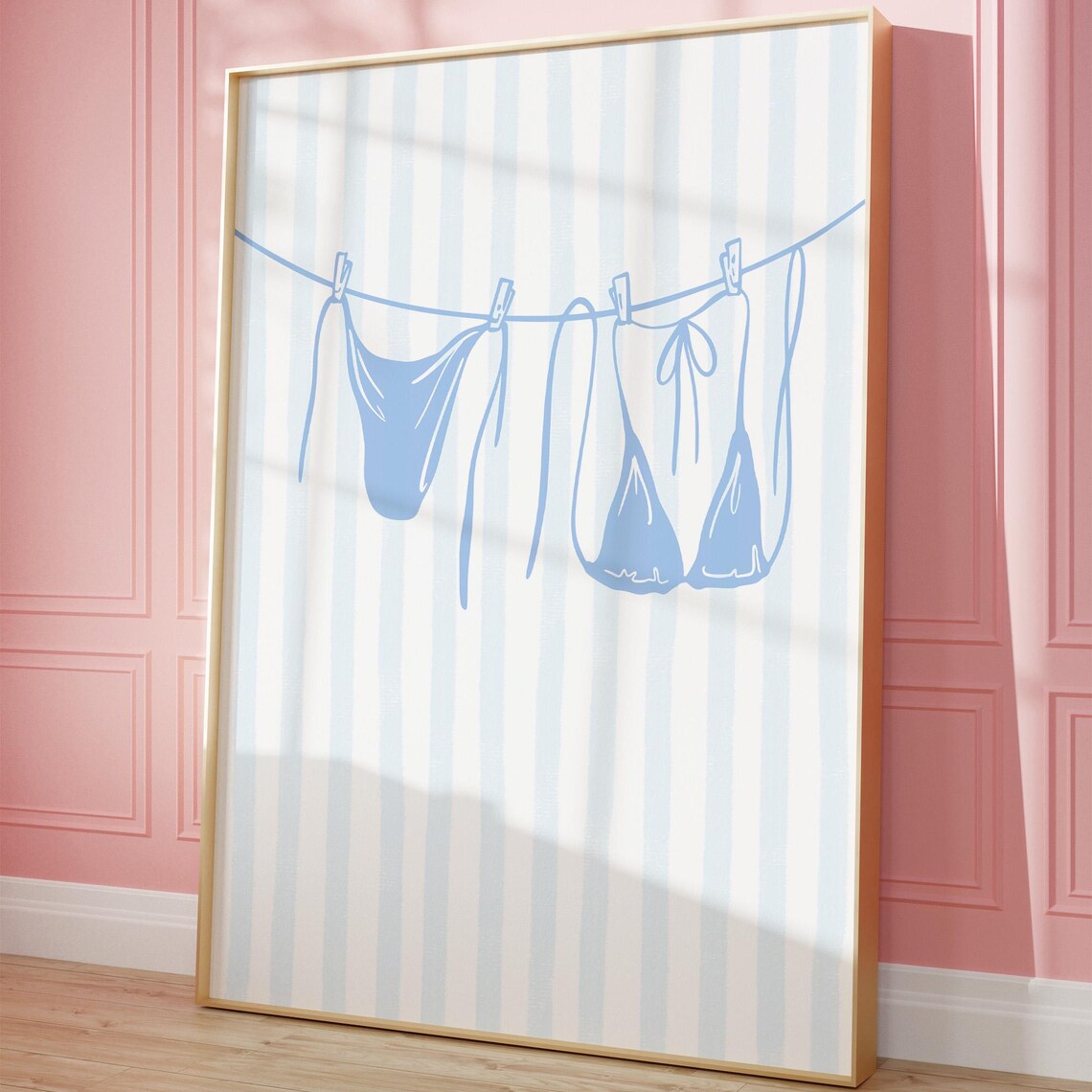 Blue Bikini Clothesline Art Print, Coastal Dorm Decor
