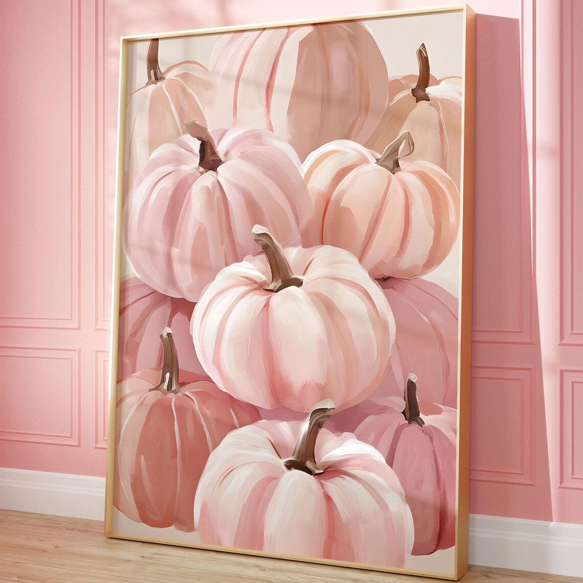 Blush Pink Pumpkins Cluster Soft Watercolor Fall Harvest Scene Poster