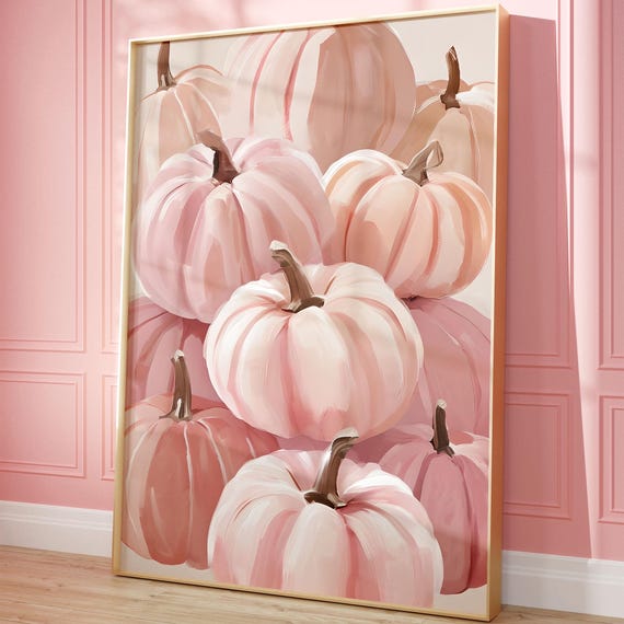 Pink Pumpkins Wall Art Print Pastel Fall Painting Trendy Girly Halloween Poster Colorful Autumn Thanksgiving Decor