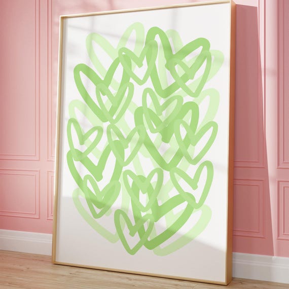 Green Preppy Hearts Print Trendy Wall Art Girly Dorm Room Decor Apartment Abstract Poster