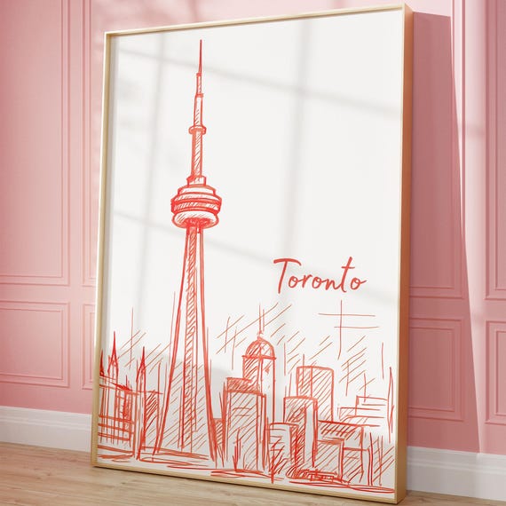 Toronto Red Line Art Sketch CN Tower Skyline Hand Drawn City Poster