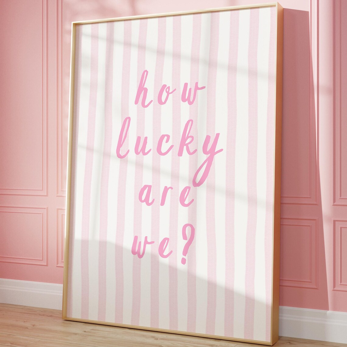 How Lucky Are We Pink Script Quote Striped Preppy Dorm Room Poster