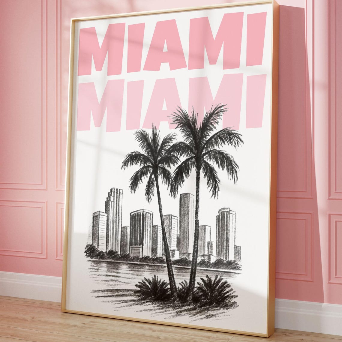 Miami Florida Pink Bold Typography Palm Skyline Travel Poster