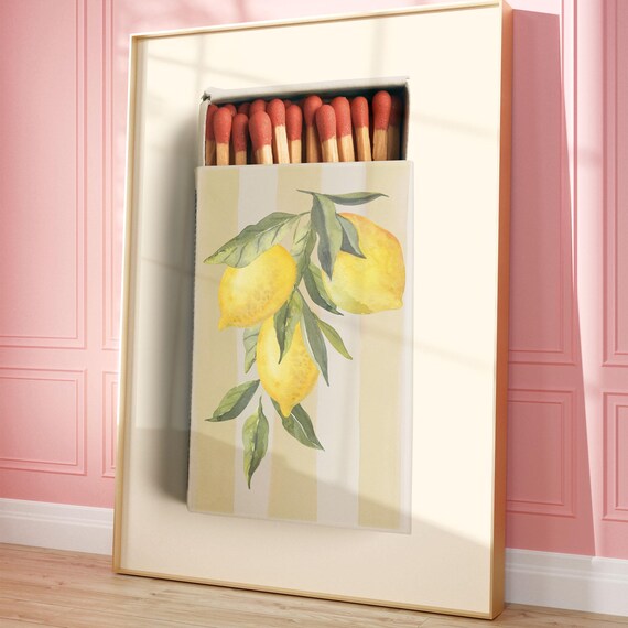 Vintage Lemon Print Retro Matchbox Poster Cute Trendy Wall Art Girly Dorm Room Decor College Apartment