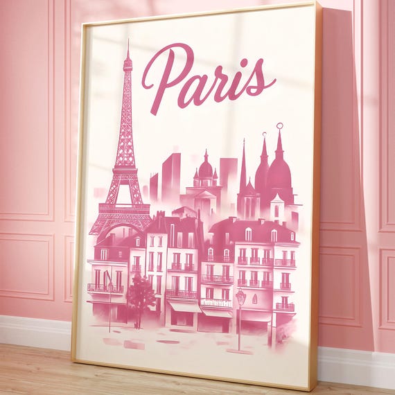 Paris Pink Eiffel Tower Poster Trendy French City Skyline Script Art