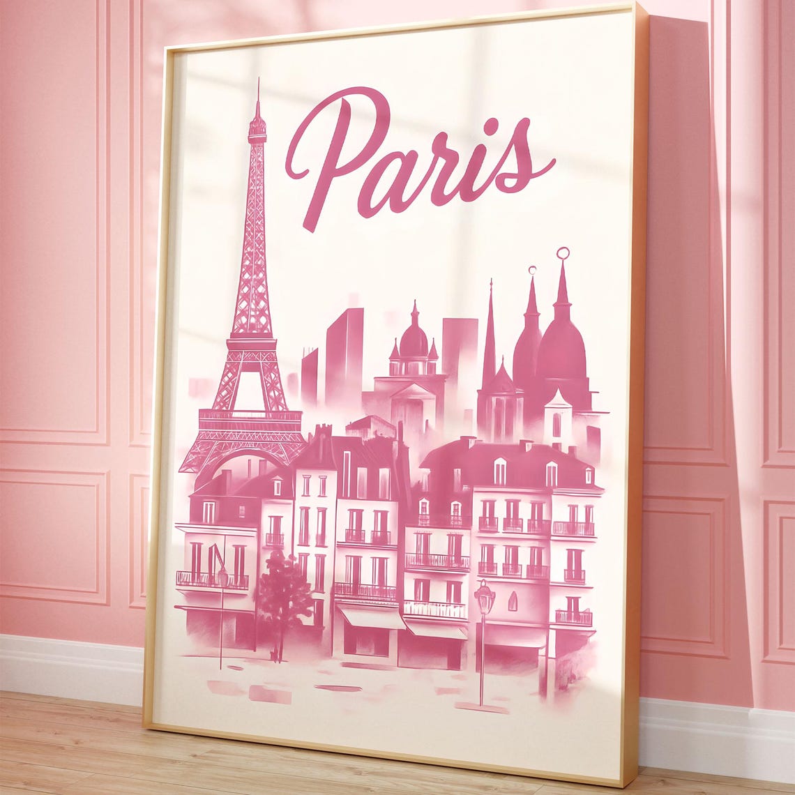 Paris Pink Eiffel Tower Poster Trendy French City Skyline Script Art