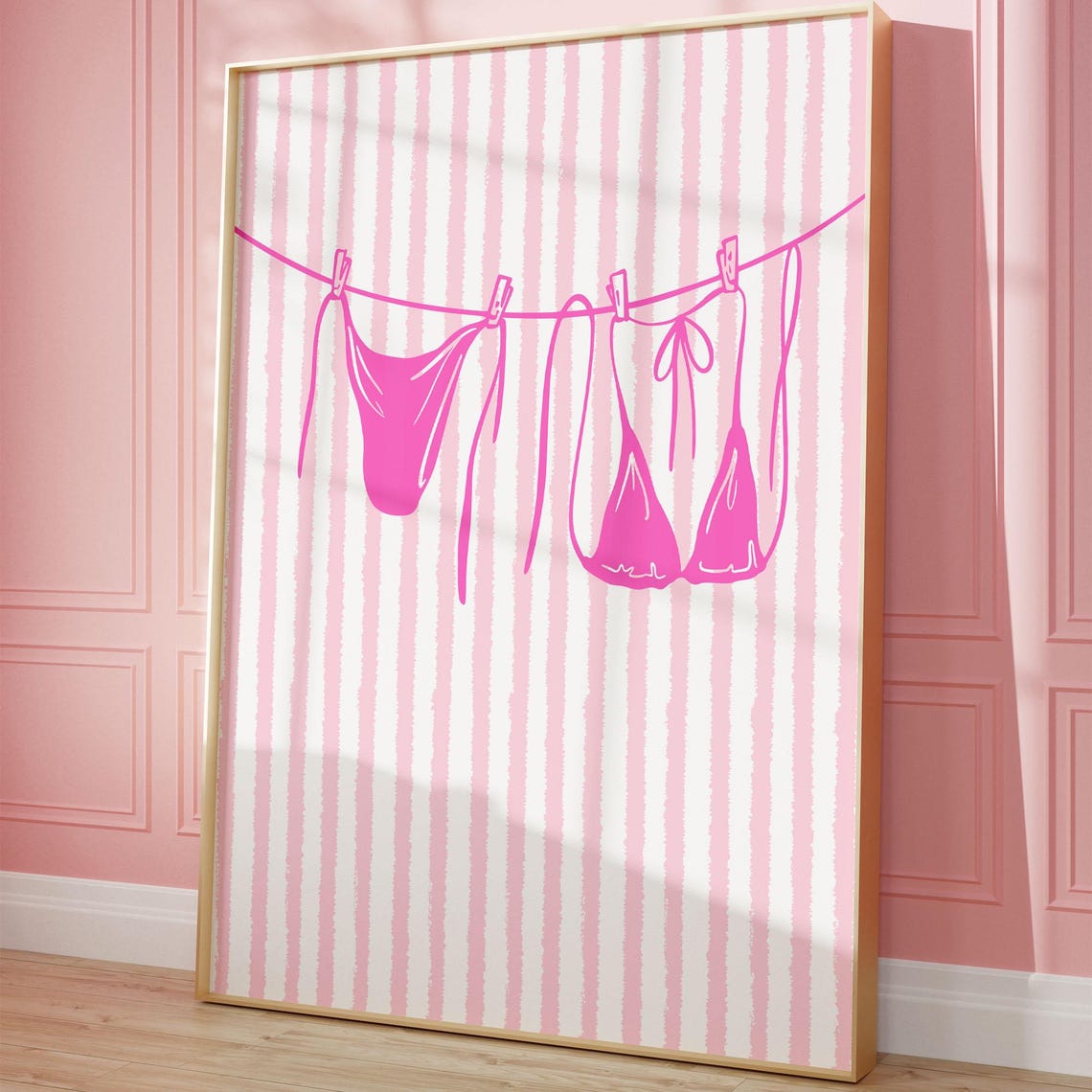 Pink Bikini on Clothesline Striped Girly Summer Room Art Poster