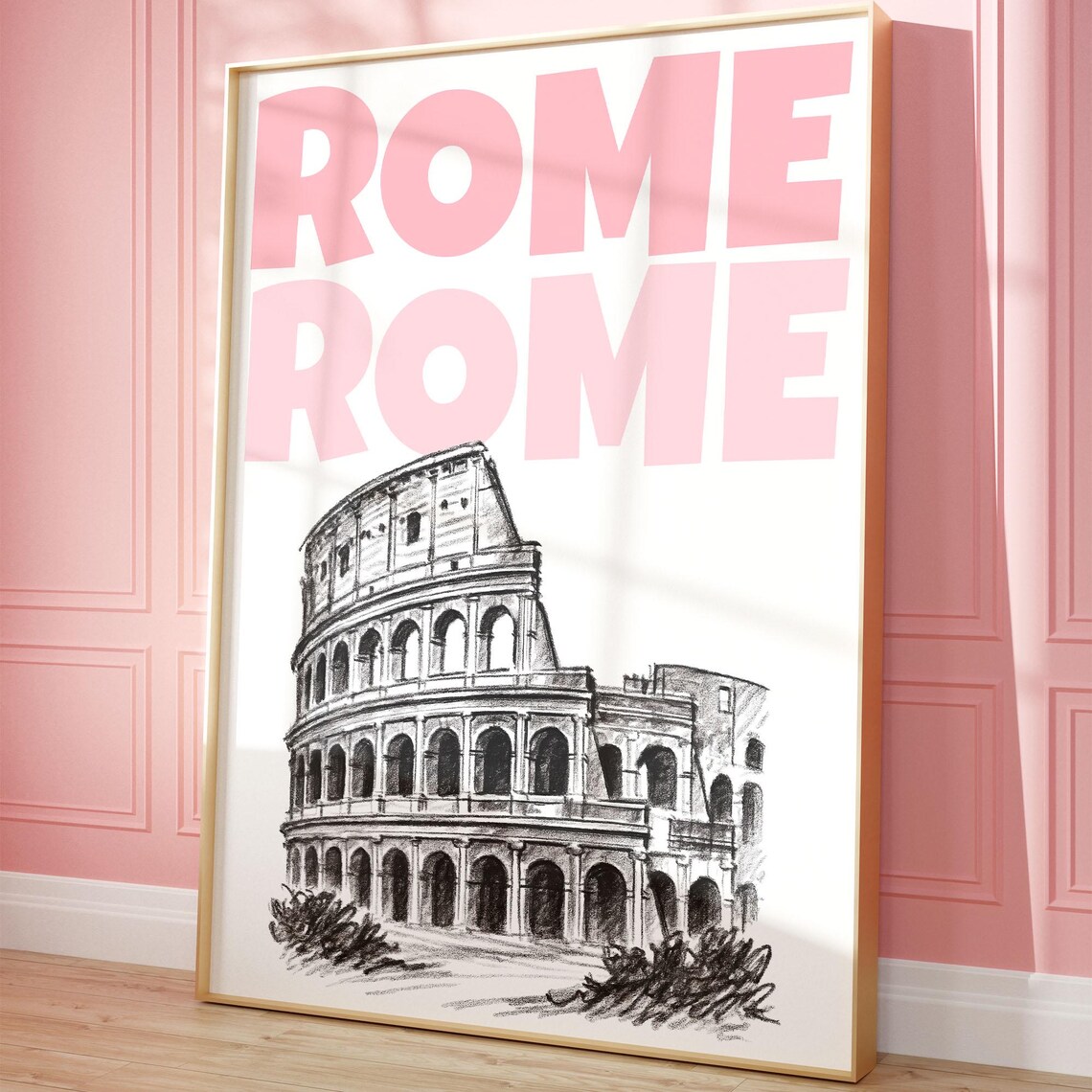 Rome Italy Colosseum Pink Sketch Retro Typography Travel Poster