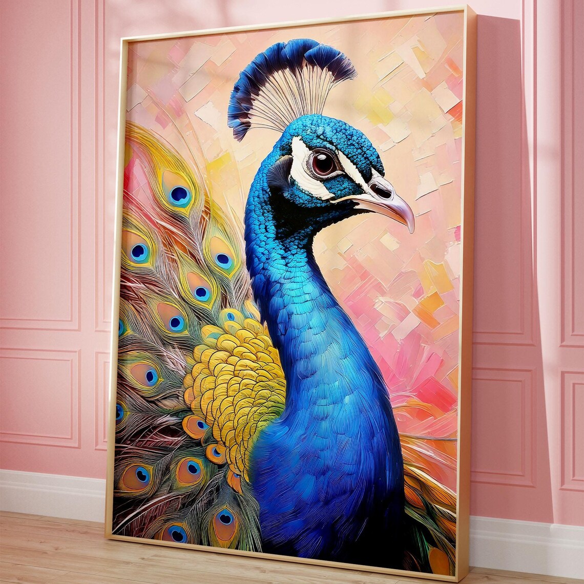 Colorful Peacock Portrait Maximalist Pastel Bird Painting Art Print