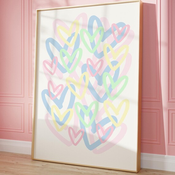 Colorful Hearts Print Trendy Wall Art Cute Girly Dorm Room Decor Apartment Abstract Poster
