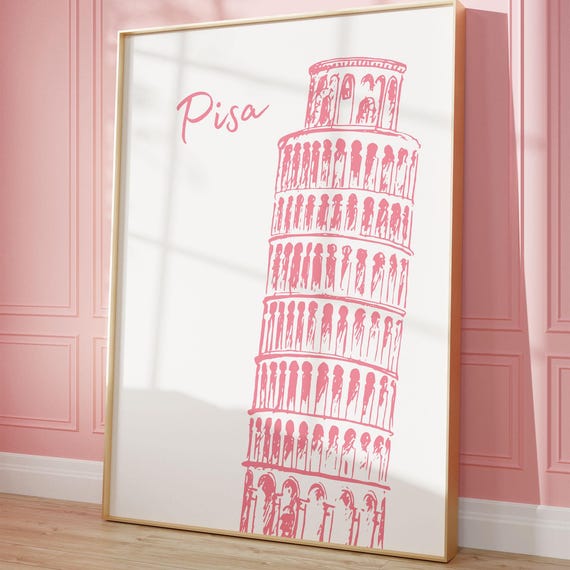 Pisa Italy Leaning Tower Travel Poster Pink Hand Drawn Sketch Wall Decor Art