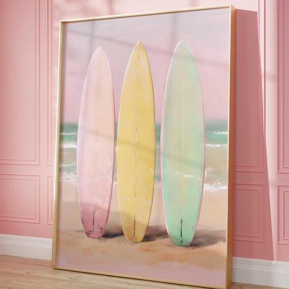 Pastel Surfboards Beach Scene Pink Yellow Mint Coastal Wall Art
