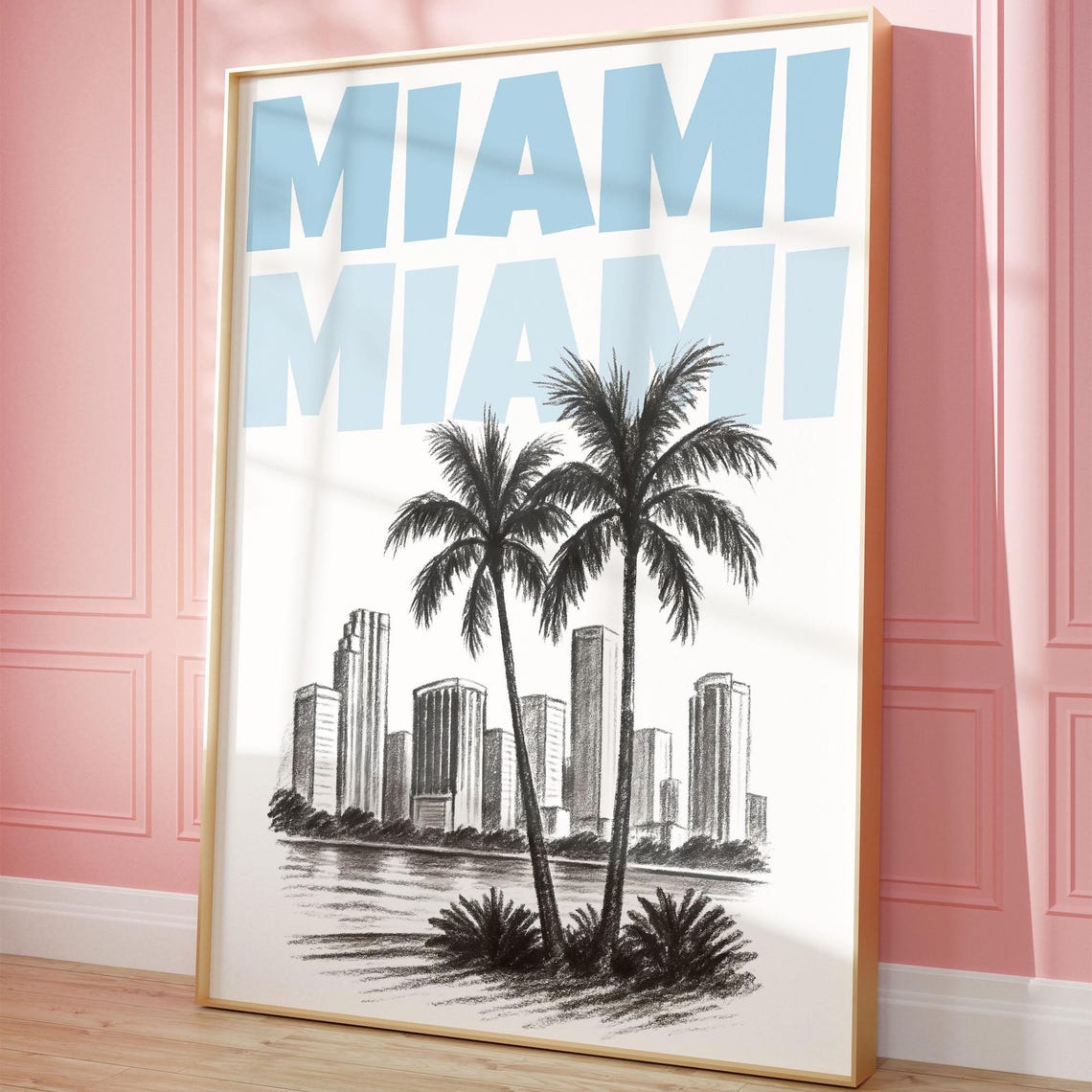 Miami Florida Skyline Palm Trees Retro Blue Typography Poster