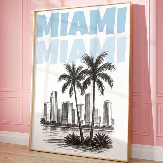 Miami Florida Skyline Palm Trees Retro Blue Typography Poster