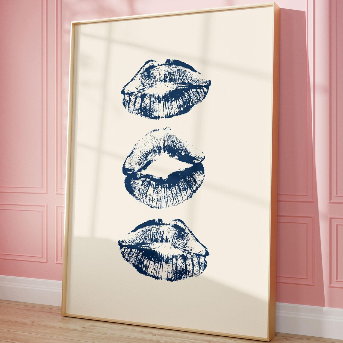 Navy Blue Kiss Lips Preppy Girly Retro Minimalist Wall Print