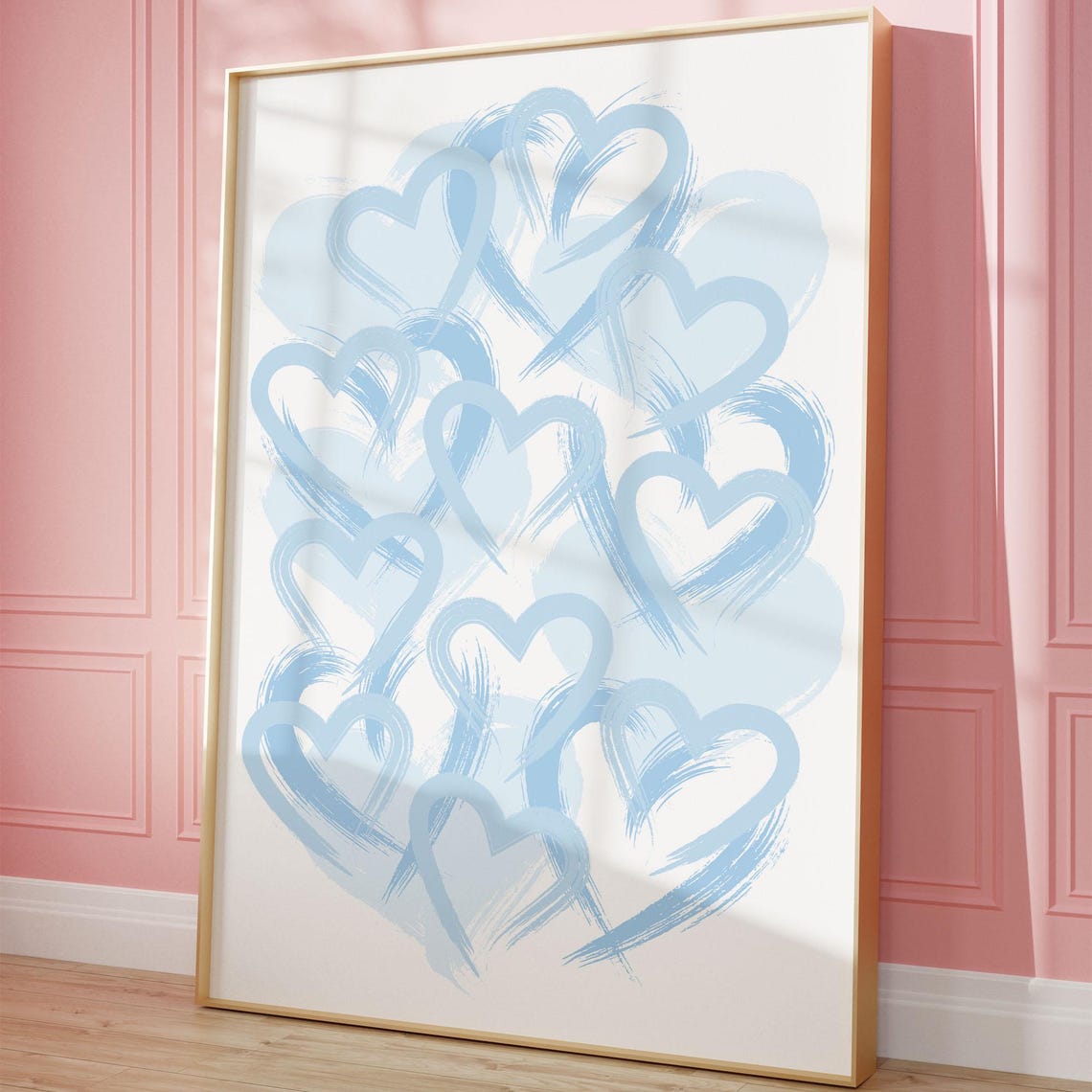 Blue Preppy Hearts Print Trendy Wall Art Girly Dorm Room Decor Apartment Abstract Poster