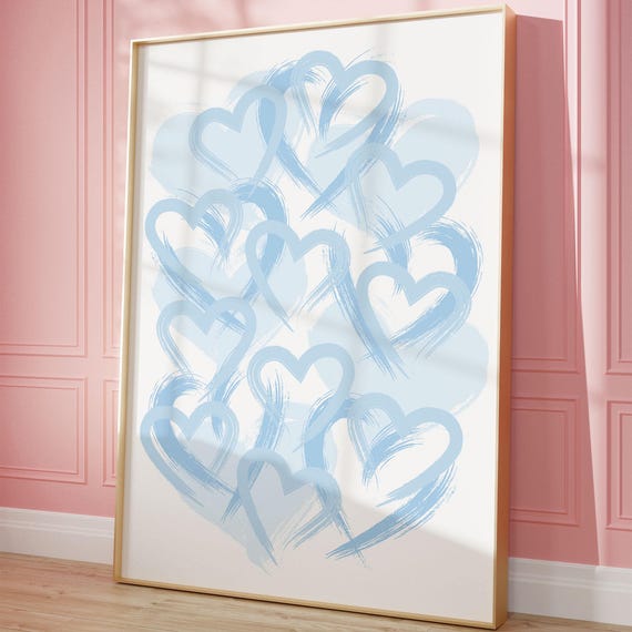 Blue Preppy Hearts Print Trendy Wall Art Girly Dorm Room Decor Apartment Abstract Poster