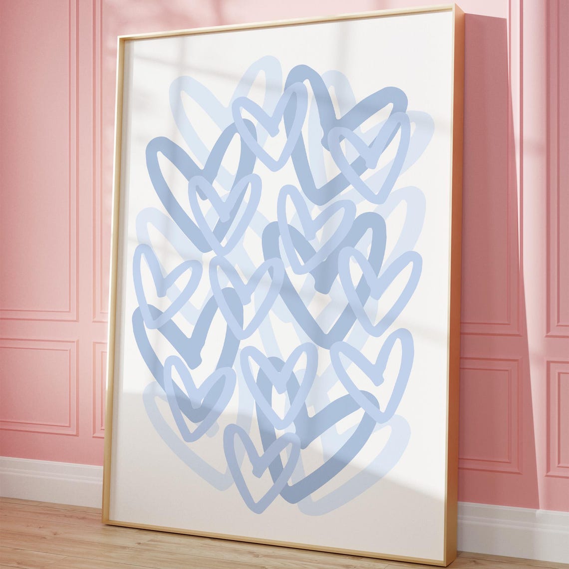 Blue Preppy Hearts Print Trendy Wall Art Girly Dorm Room Decor Apartment Abstract Poster