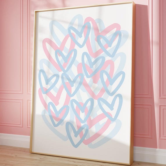 Blue Pink Preppy Hearts Print Trendy Wall Art Girly Dorm Room Decor College Apartment Abstract