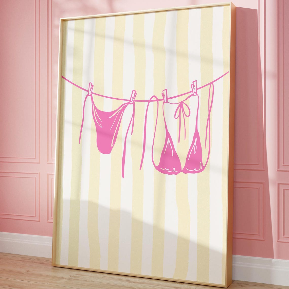Pink Bikini Clothesline Art Print Summer Coastal Girly Wall Decor