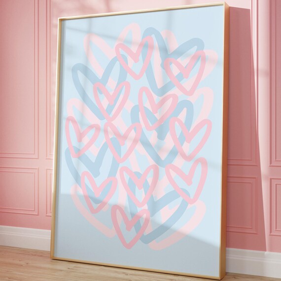 Blue Pink Preppy Hearts Print Cute Trendy Wall Art Girly Dorm Room Decor Apartment Abstract Poster