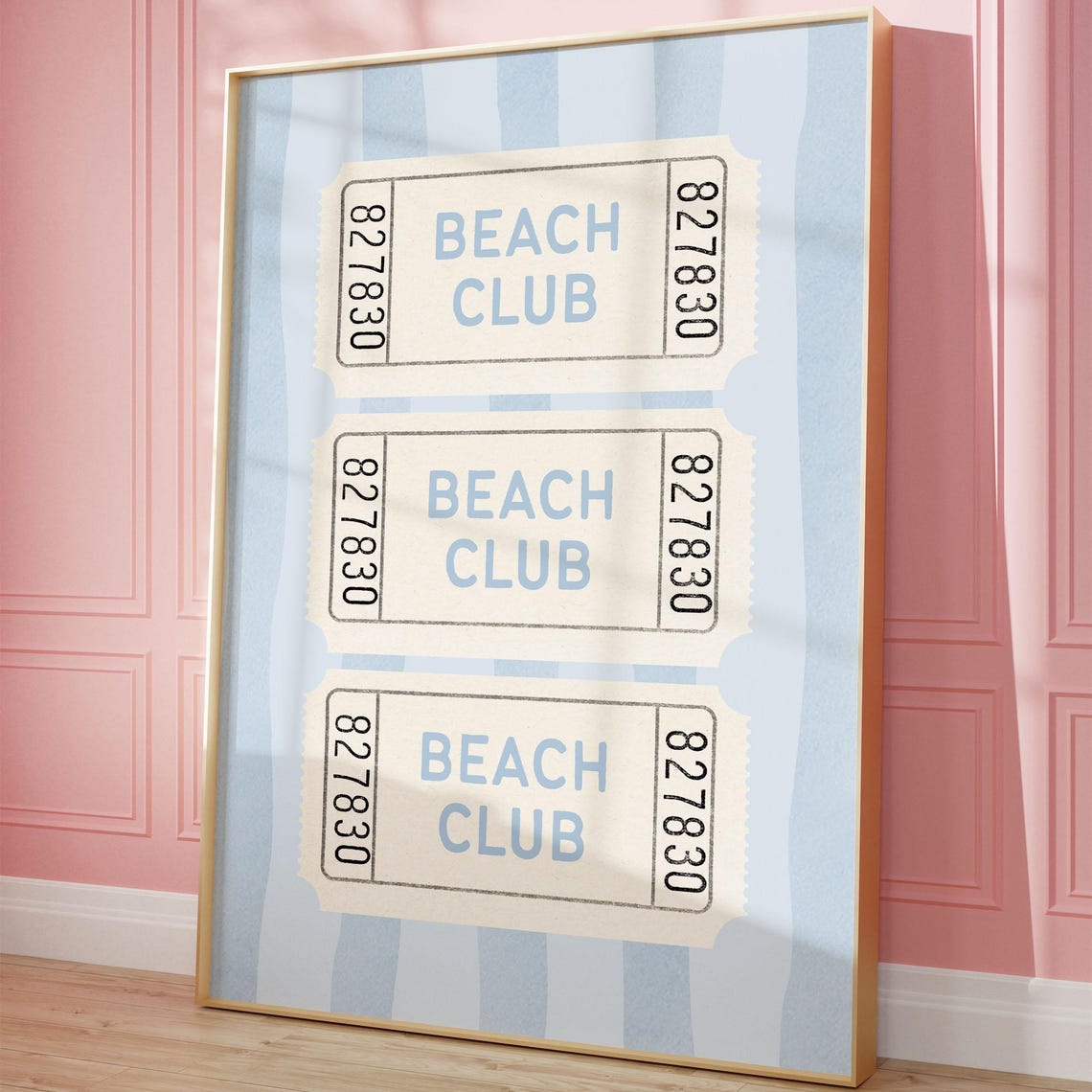 Beach Club Vintage Ticket Stub Print with Blue Coastal Stripes