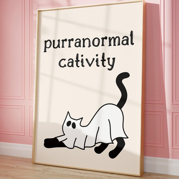 Funny Cat Halloween Print Cute White Black Poster Trendy Autumn Wall Art Quirky Seasonal Decor Lover