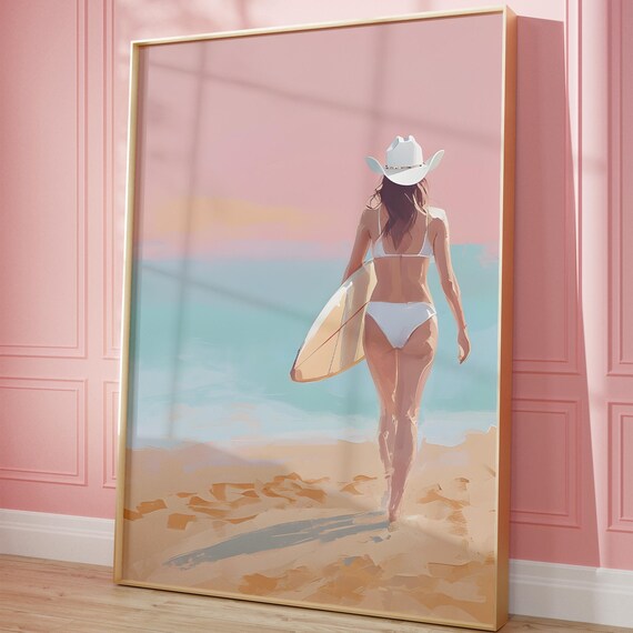 Coastal Cowgirl Surfer Girl Beach Sunset Pastel Surf Illustration Poster