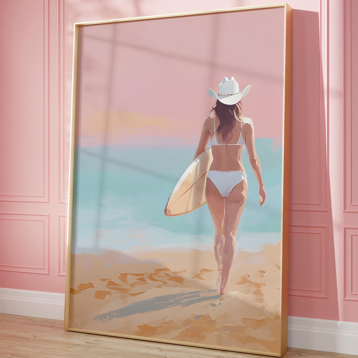 Coastal Cowgirl Surfer Girl Beach Sunset Pastel Surf Illustration Poster