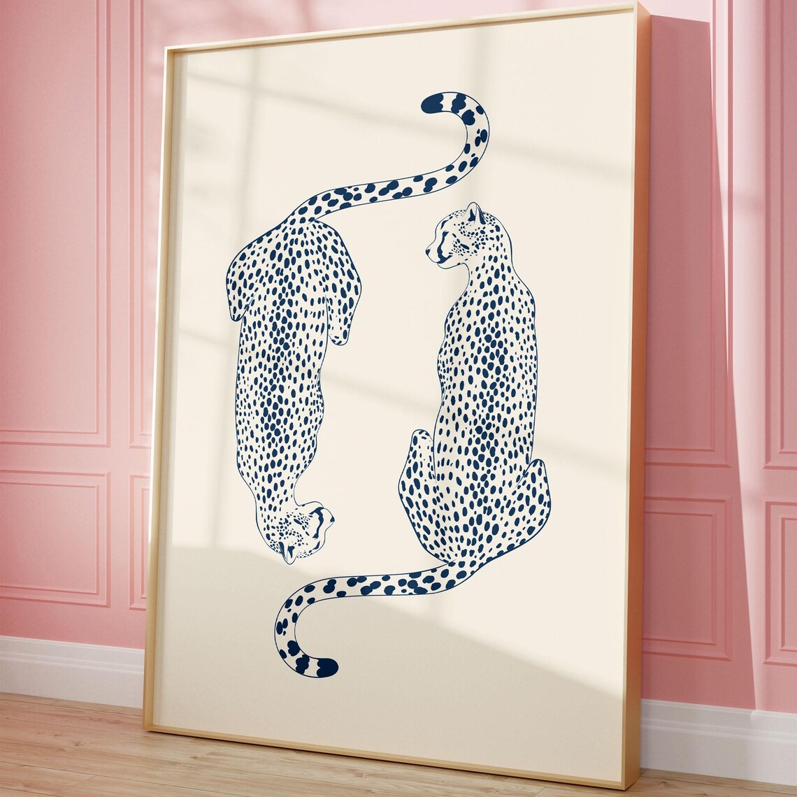 Navy Blue Cheetah Pair Spotted Trendy Dorm Room Animal Art Poster
