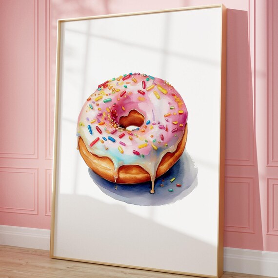 Pink Donut Wall Art Print Trendy Vintage Poster Retro Food Painting Girly Kitchen Modern Still Life