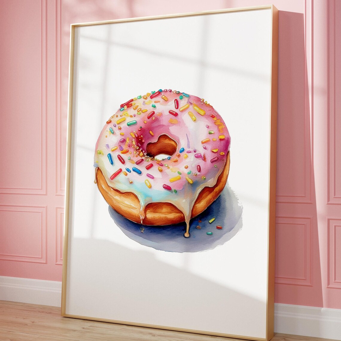 Pink Glazed Donut Watercolor Rainbow Sprinkles Kitchen Wall Art