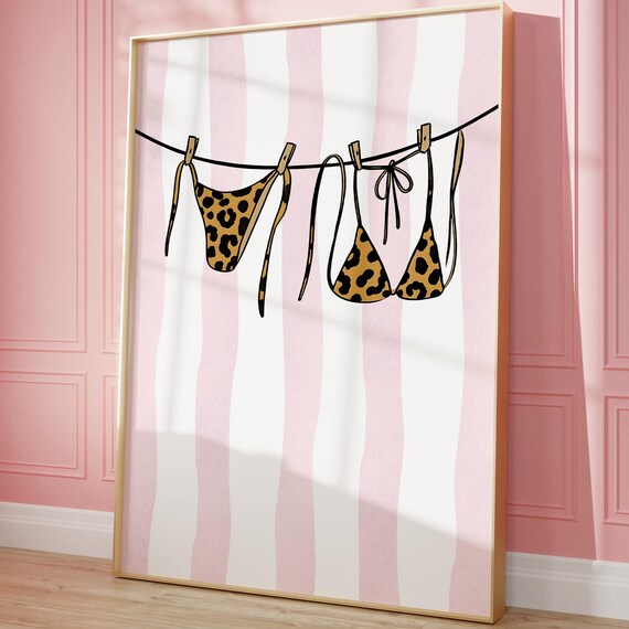 Cheetah Bikini Clothesline Print Trendy Wall Art Girly Preppy Coastal Beach Dorm Room Decor Summer Beachy