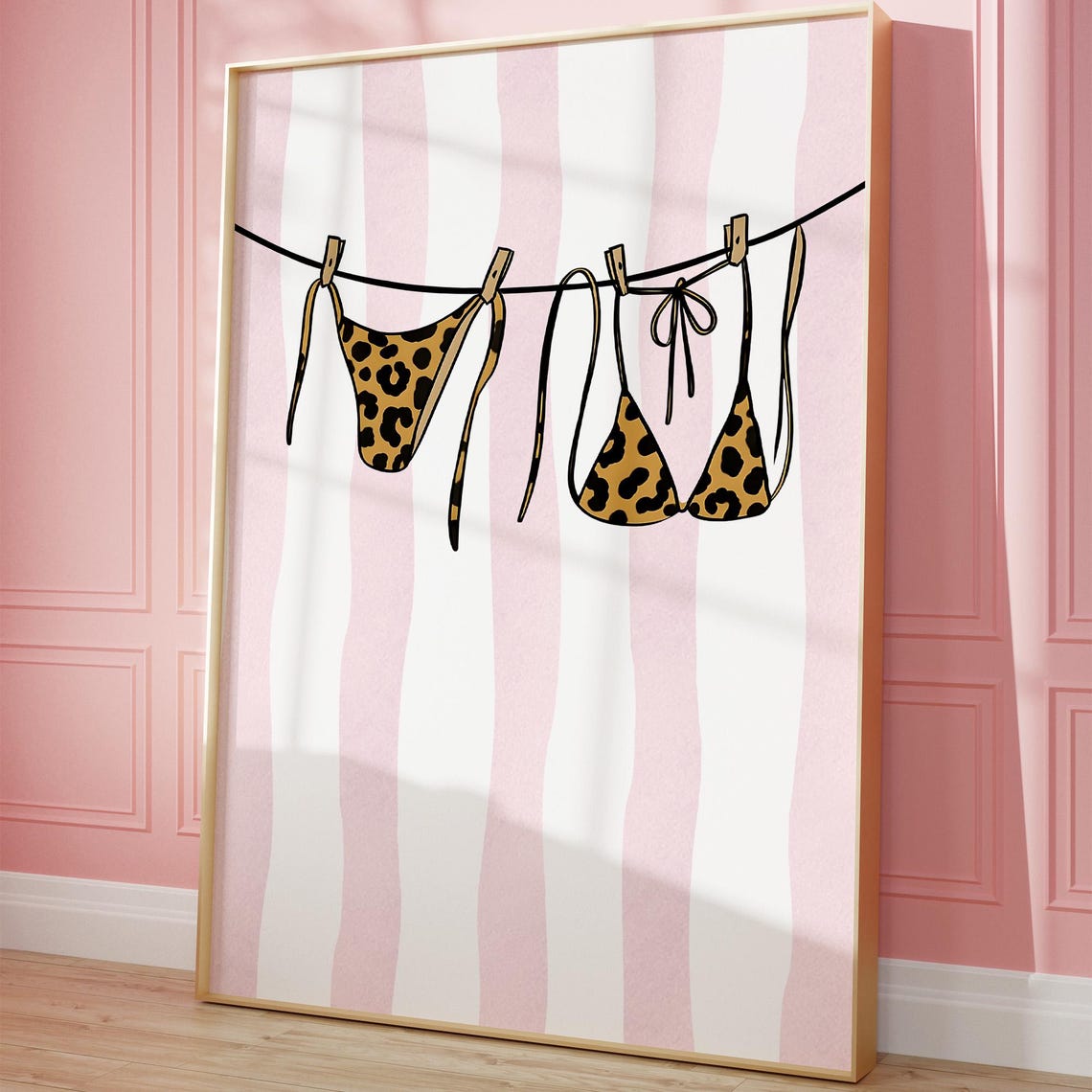 Leopard Bikini Clothesline Pink Striped Trendy Coastal Art Poster