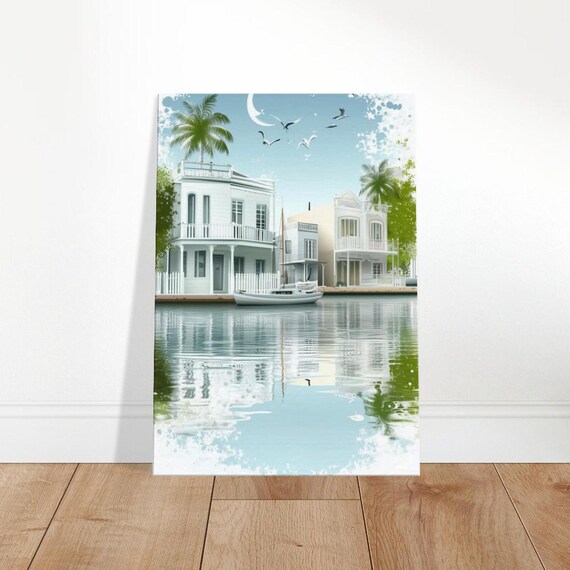 Coastal Waterfront Villa Sailboat Serene Tropical Harbor Canvas Print