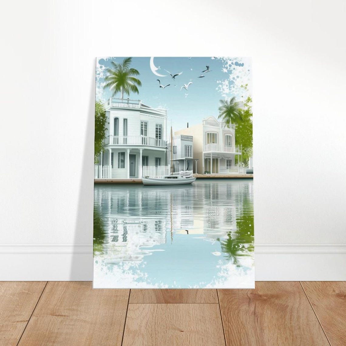 Coastal Waterfront Villa Sailboat Serene Tropical Harbor Canvas Print