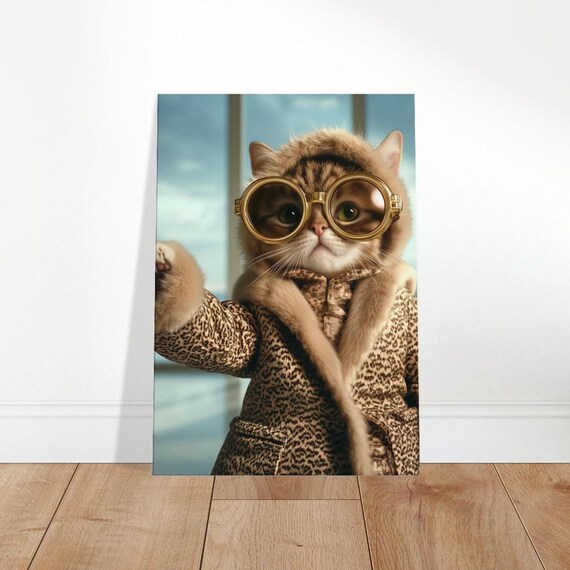 Fashionable Kitten Leopard Fur Coat Gold Glasses Glamour Art Poster