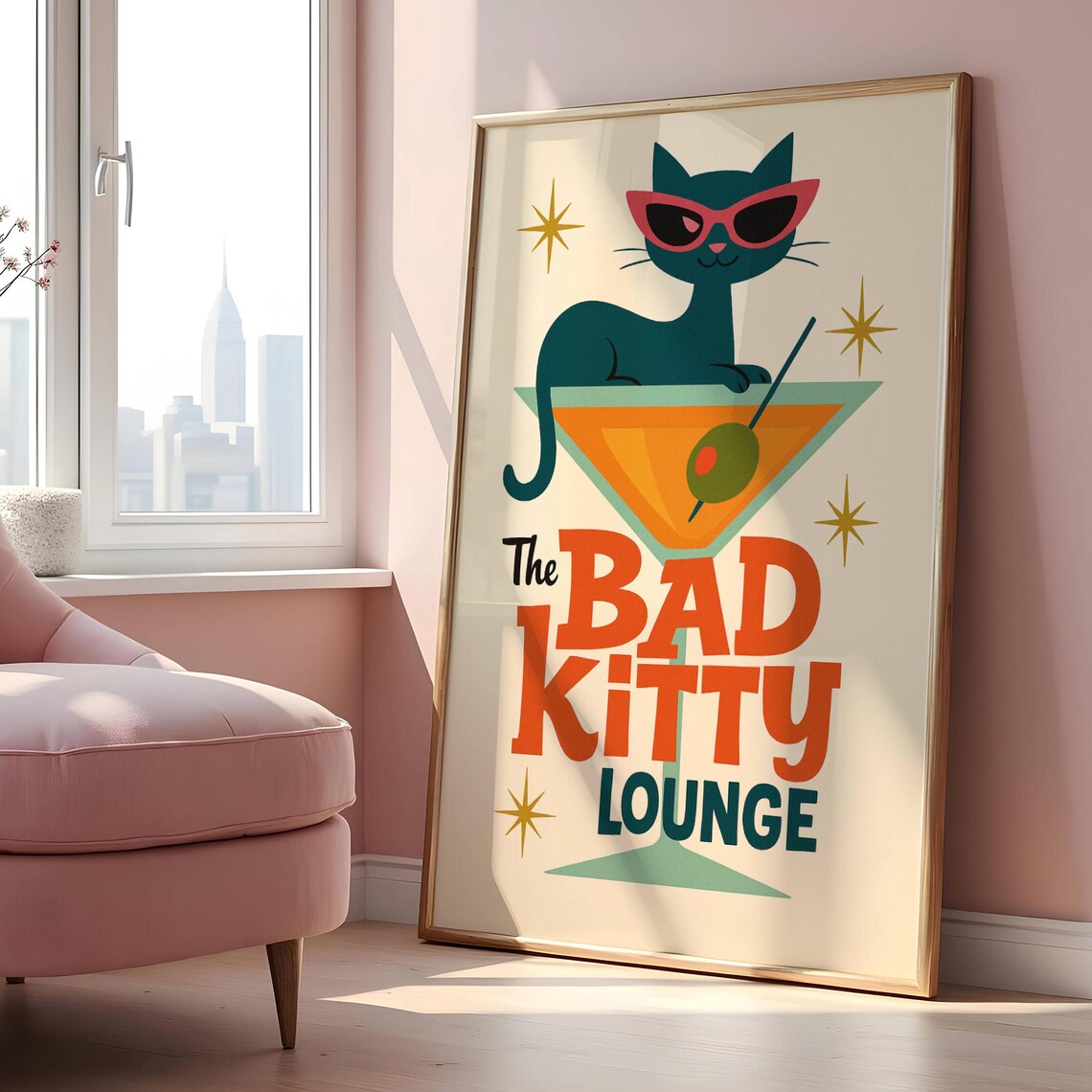 Retro Cat Lounge Mid-Century Modern Bar Poster