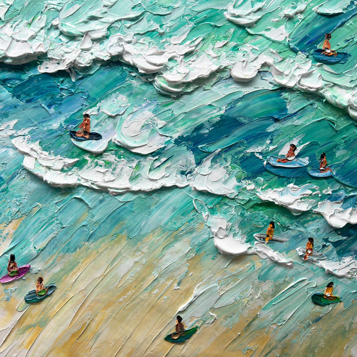 Aerial Surfers Colorful Boards Turquoise Waves Impasto Painting Poster - Image 2