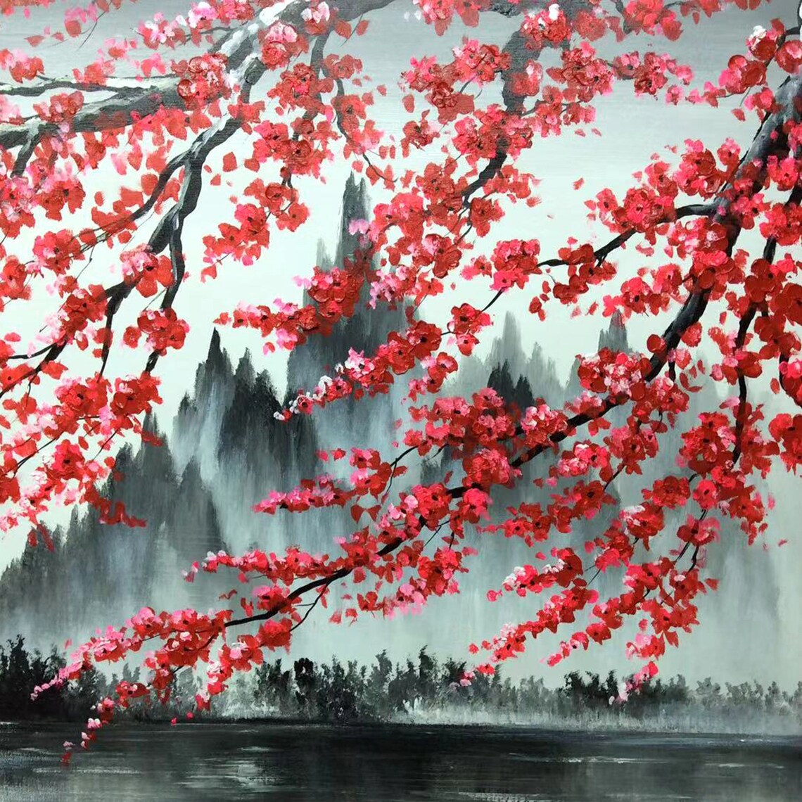 Red Cherry Blossom Mountain Landscape Art Print, Minimalist - Image 2