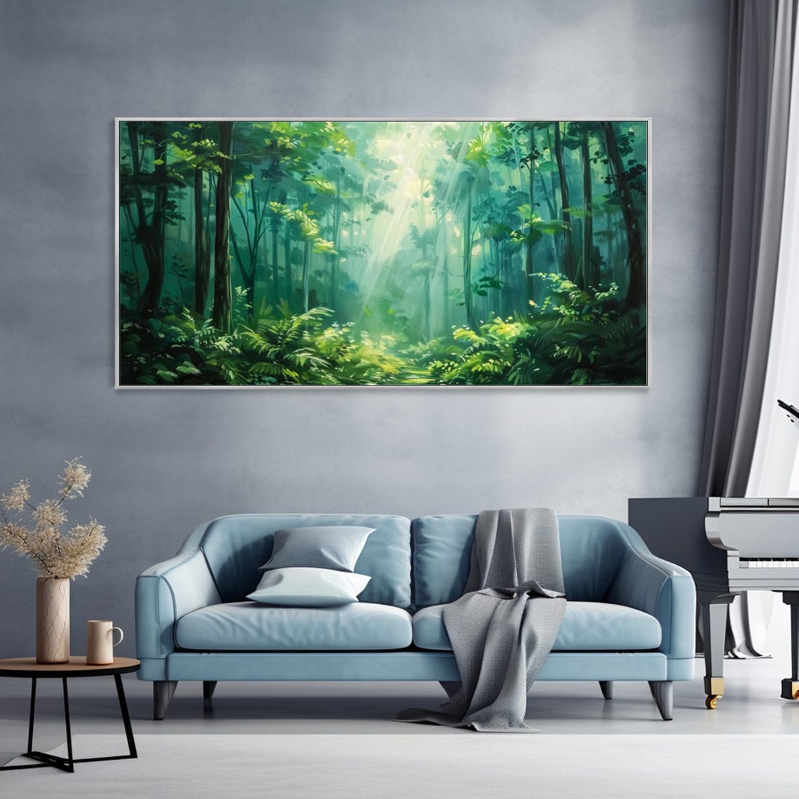 Sunlit Green Forest Light Rays Misty Woodland Nature Art Poster - Image 2