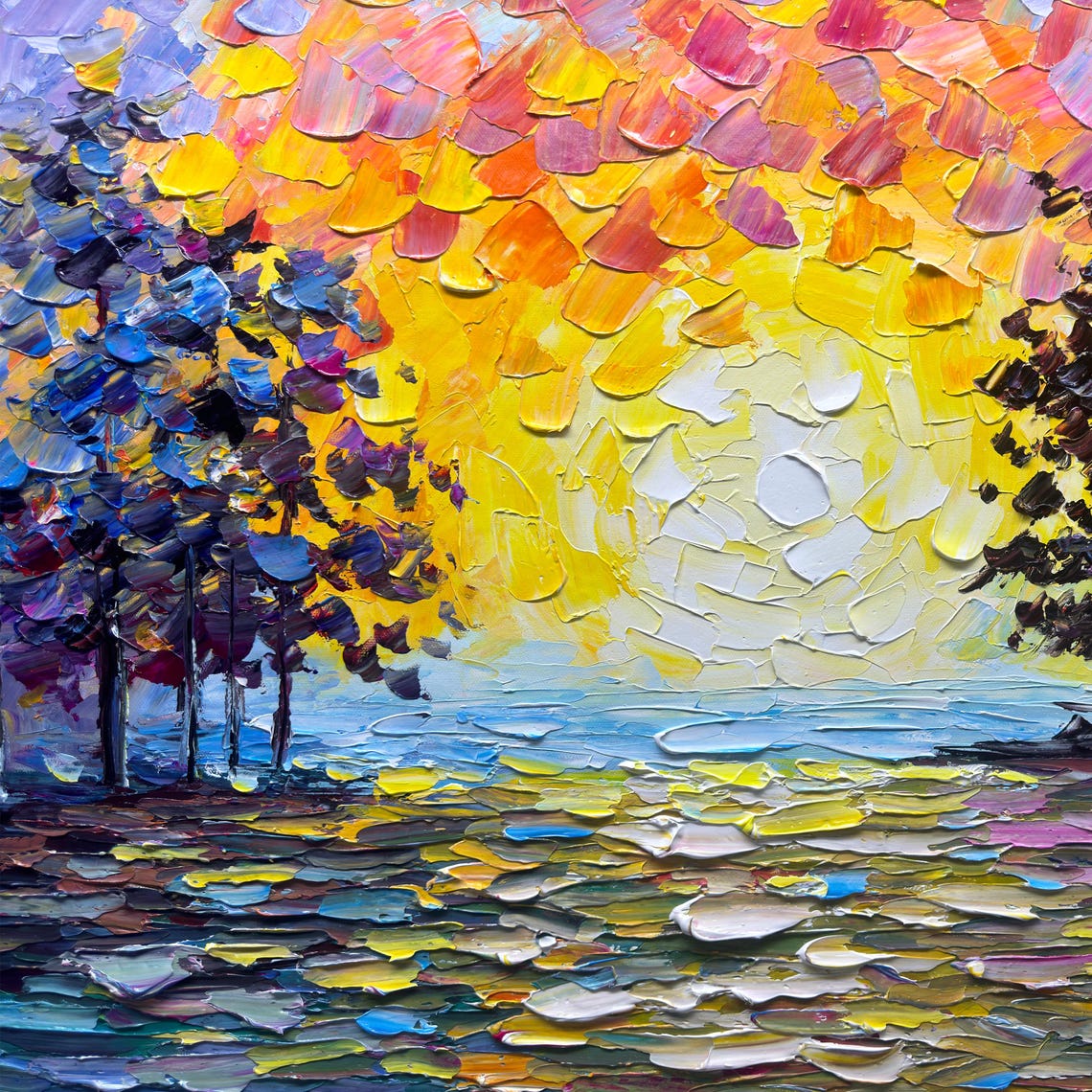 Sunrise Glow Through Dark Forest Trees Lake Reflection Oil Poster - Image 2