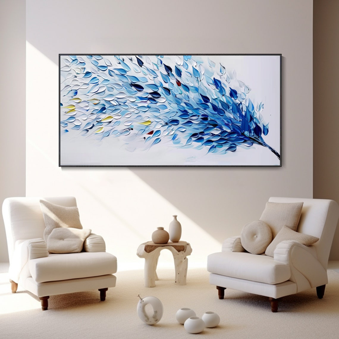 Blue White Blossom Branch Abstract Impasto Oil Painting Poster - Image 2
