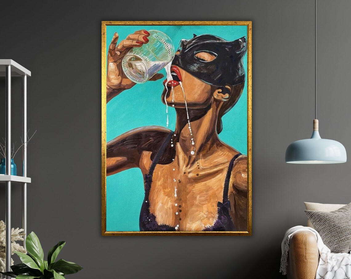 Cat Woman Drinking Milk, Modern Home Art Print