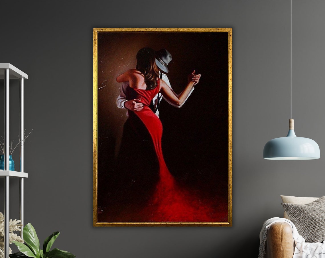 Spanish Flamenco Couple Dancing Dark Red Gown Passionate Art Poster